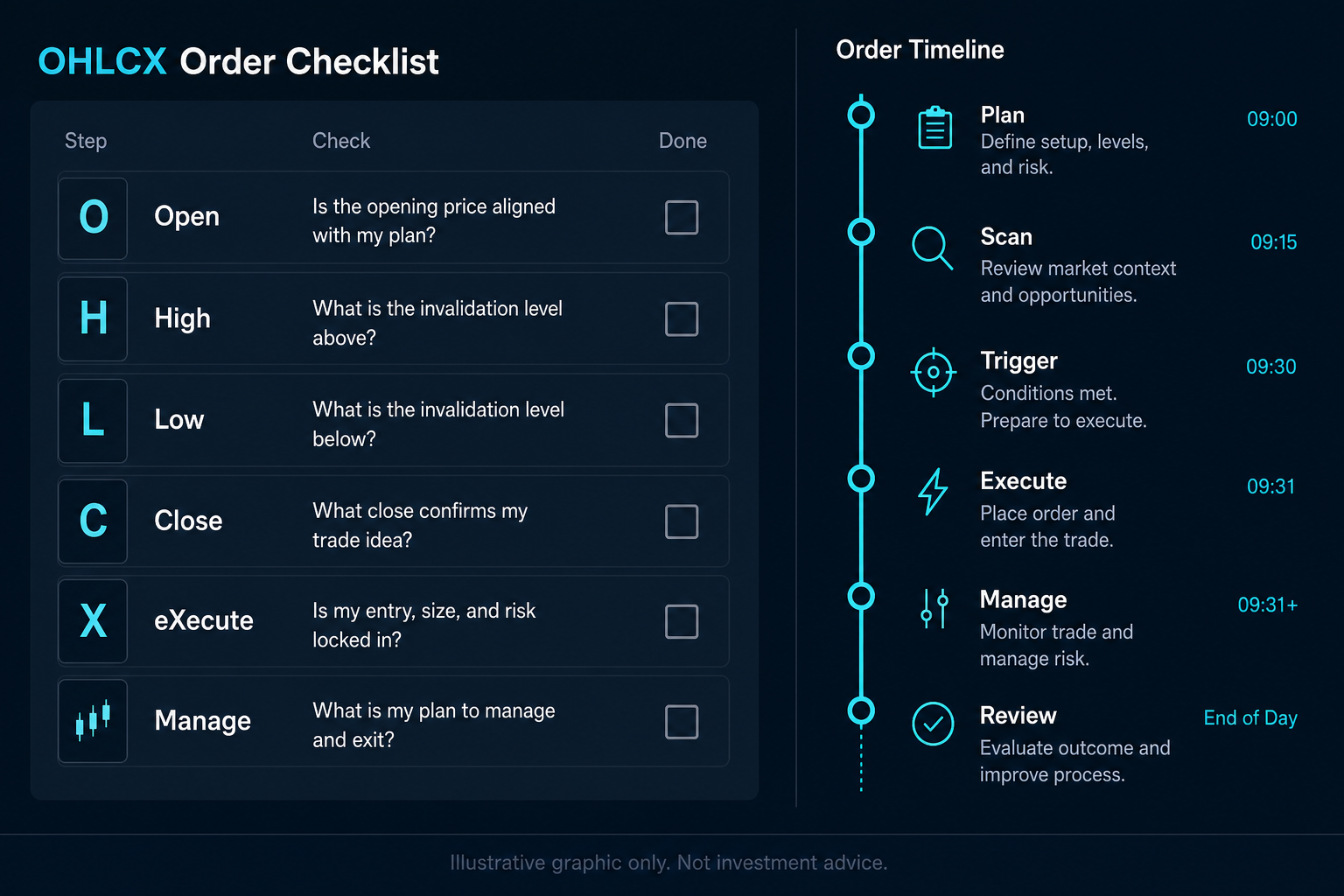 Compact post-trade review template with split scores and numbered action items.