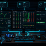 Labeled three-monitor layout separating research, market tape, and execution panes