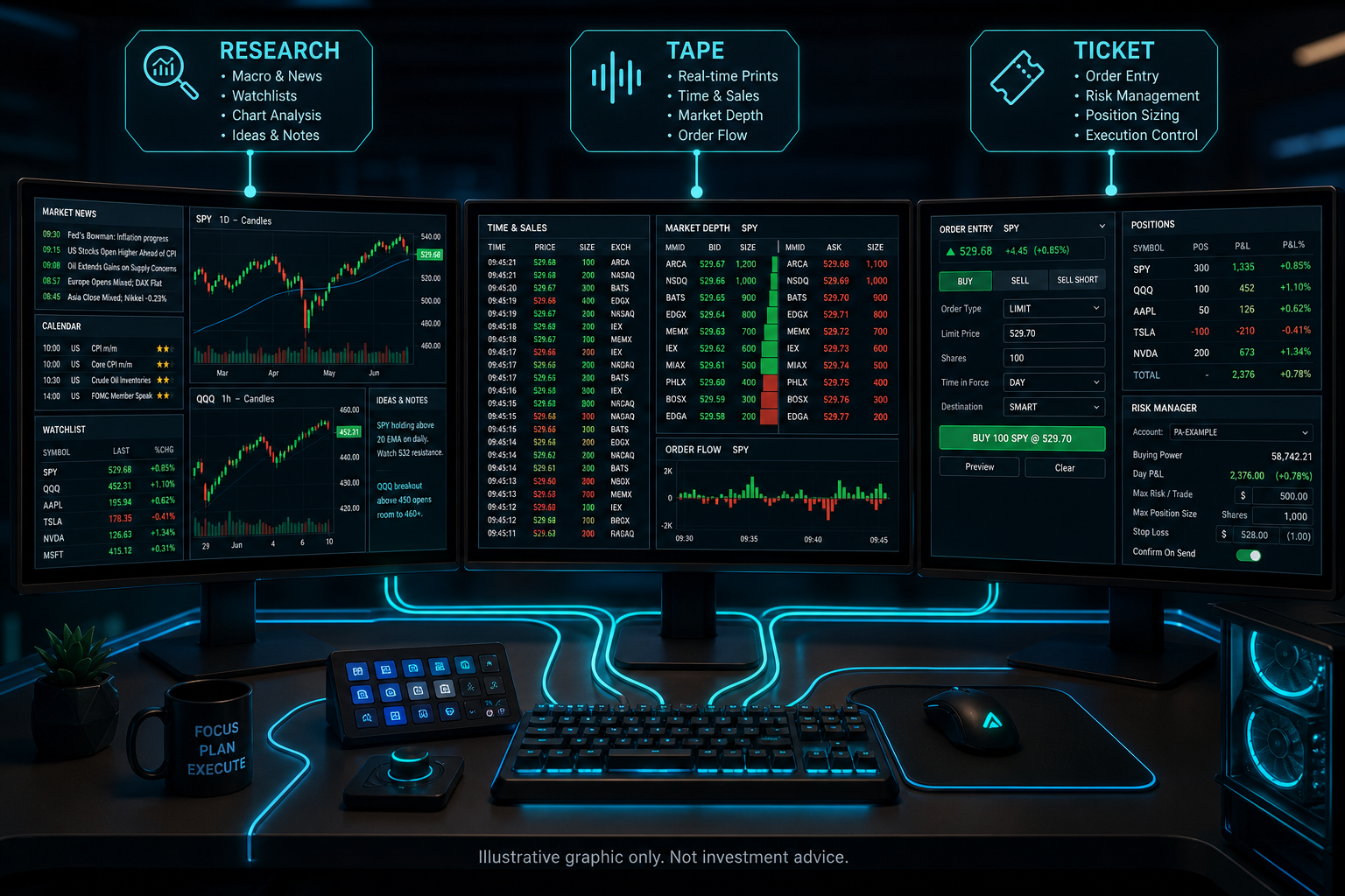 Labeled three-monitor layout separating research, market tape, and execution panes