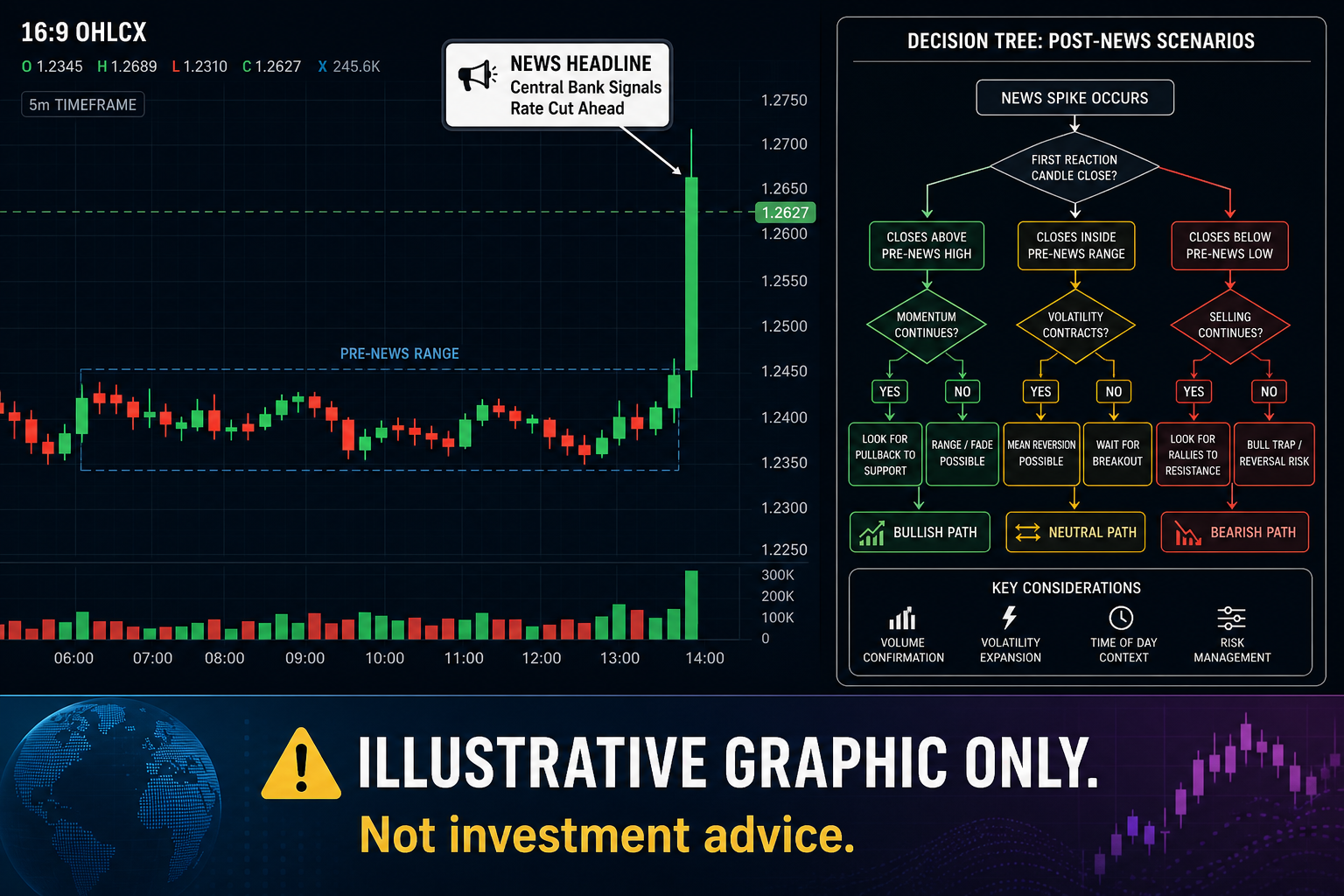 Headline feed beside order ticket checklist and portfolio heat summary