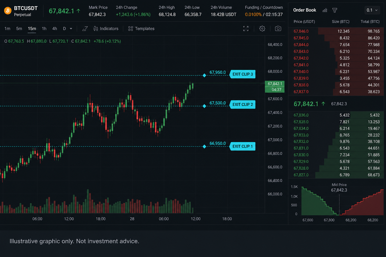 Order book depth ladder with exit clip size compared to visible liquidity