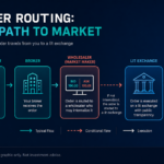Diagram of order flow from trader ticket into multiple venue path arrows